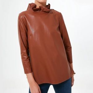 Tuckernuck Cognac Brown Faux Leather Faye Blouse Top High Neck Ruffle Bow Tie S